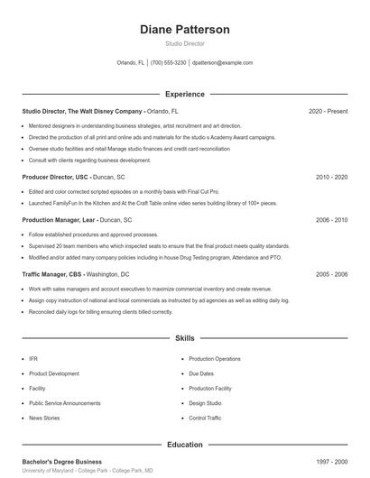 Studio Director Resume