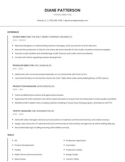 Studio Director Resume
