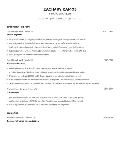 Studio Engineer Resume