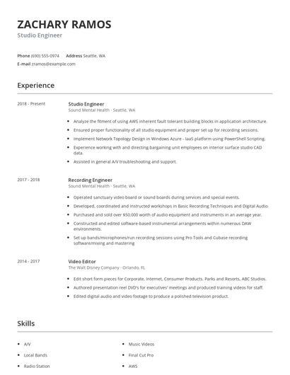Studio Engineer Resume
