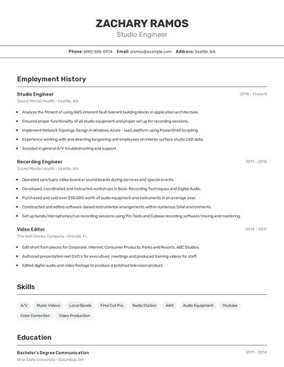 Studio Engineer Resume