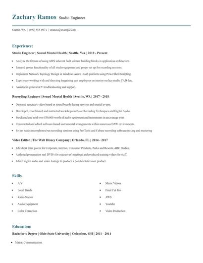 Studio Engineer Resume