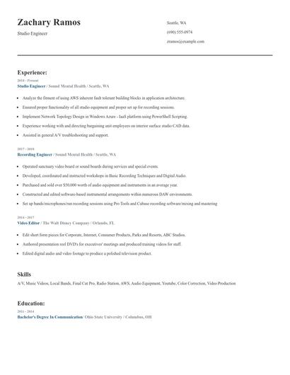 Studio Engineer Resume