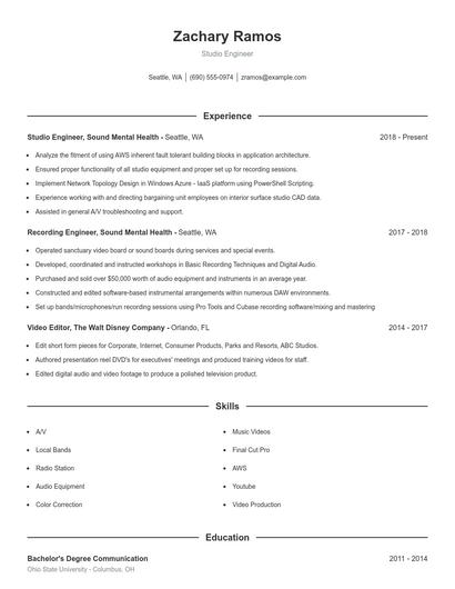 Studio Engineer Resume