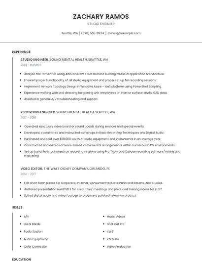 Studio Engineer Resume