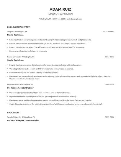 Studio Technician Resume
