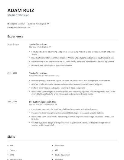 Studio Technician Resume