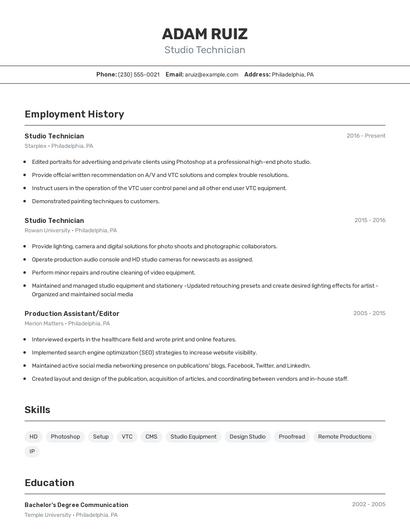 Studio Technician Resume