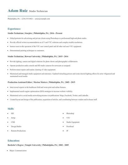 Studio Technician Resume