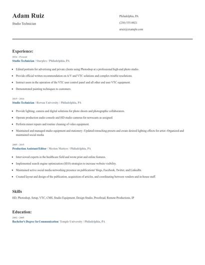 Studio Technician Resume