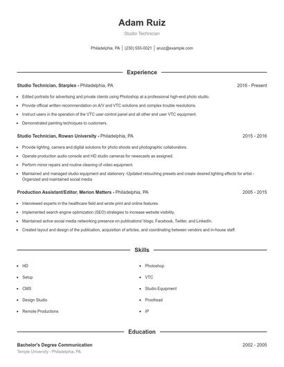 Studio Technician Resume