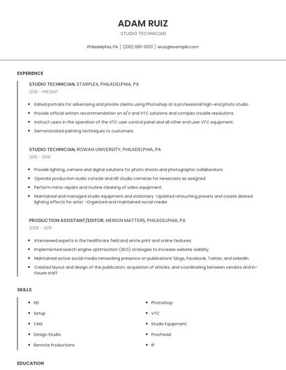 Studio Technician Resume