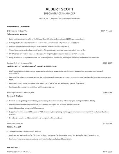Subcontracts Manager Resume