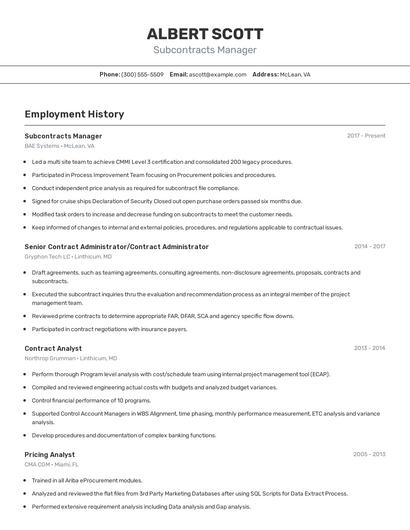 Subcontracts Manager Resume