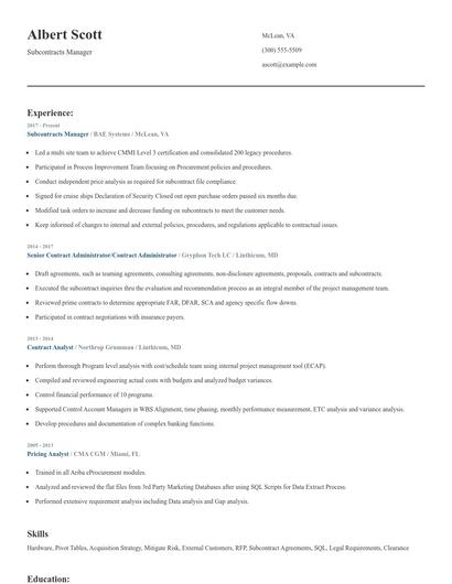 Subcontracts Manager Resume