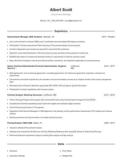 Subcontracts Manager Resume
