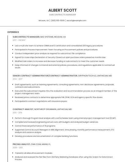 Subcontracts Manager Resume