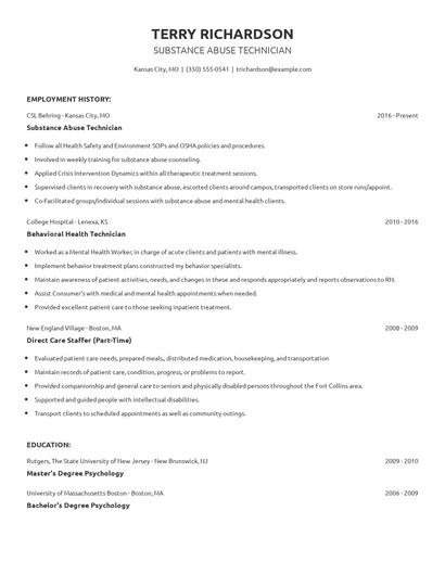 Substance Abuse Technician Resume