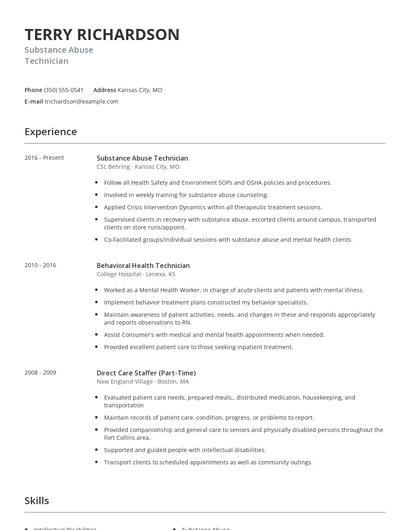 Substance Abuse Technician Resume