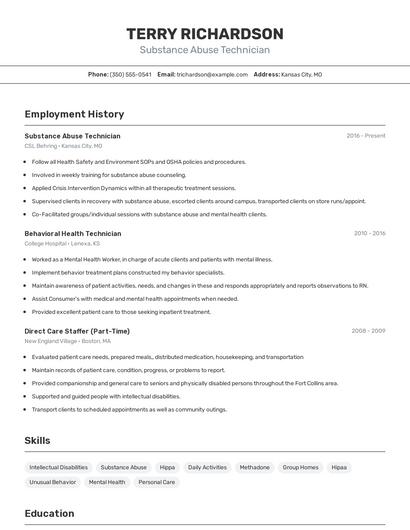 Substance Abuse Technician Resume