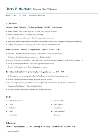 Substance Abuse Technician Resume