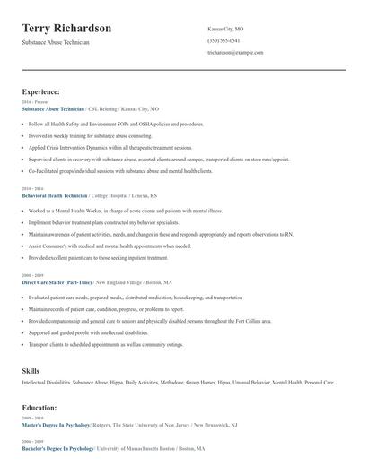 Substance Abuse Technician Resume