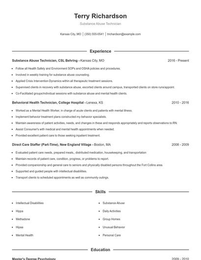 Substance Abuse Technician Resume