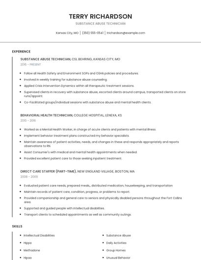 Substance Abuse Technician Resume