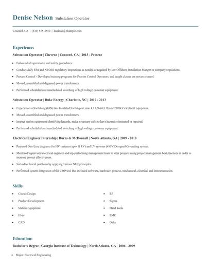 Substation Operator Resume