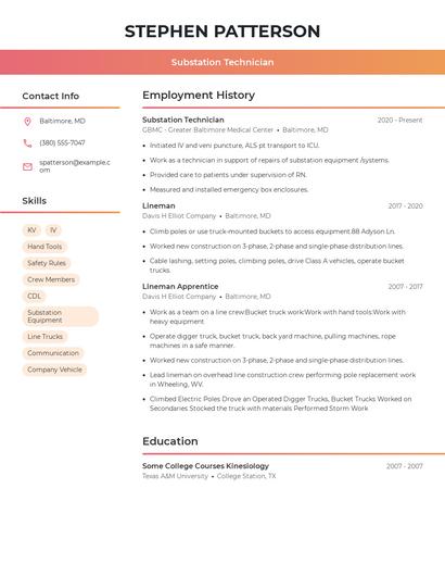 Substation Technician Resume