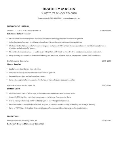 Substitute School Teacher Resume