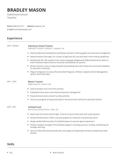 Substitute School Teacher Resume