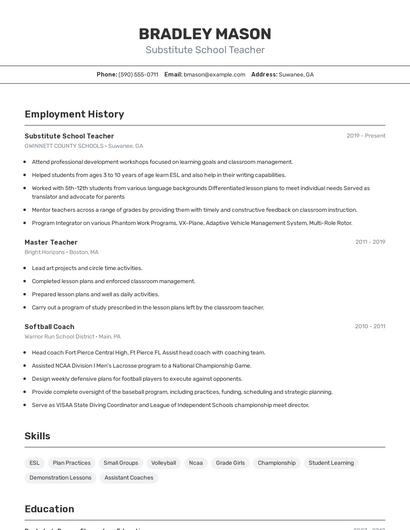 Substitute School Teacher Resume
