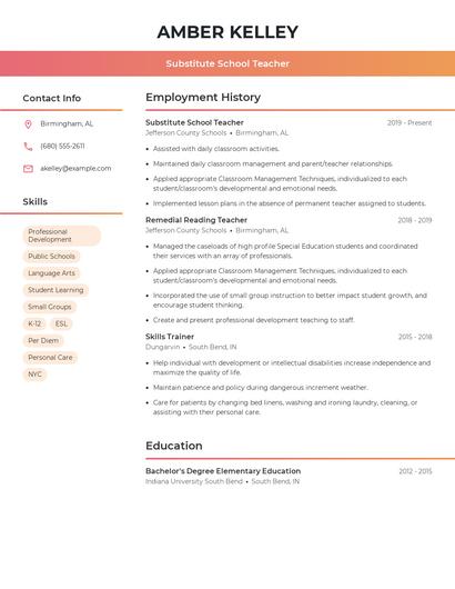 Substitute School Teacher Resume