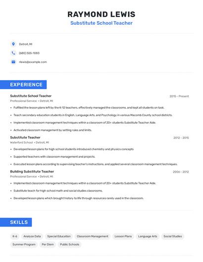 Substitute School Teacher Resume