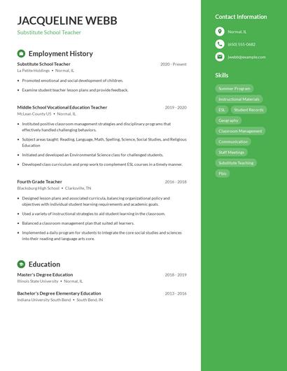 Substitute School Teacher Resume
