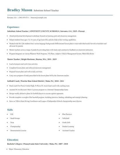 Substitute School Teacher Resume