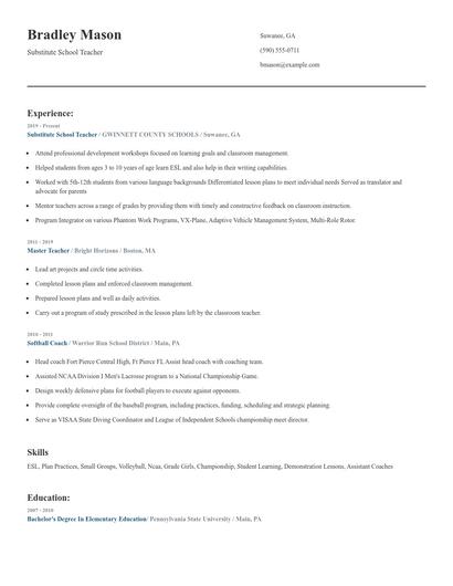 Substitute School Teacher Resume