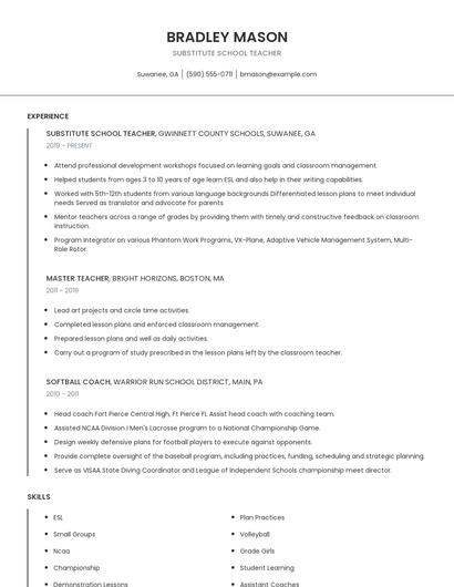 Substitute School Teacher Resume