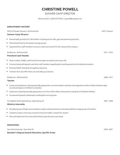 Summer Camp Director Resume