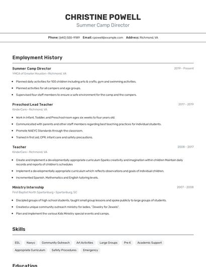 Summer Camp Director Resume