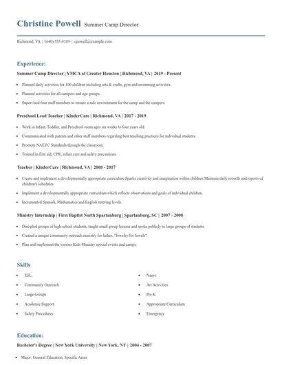 Summer Camp Director Resume