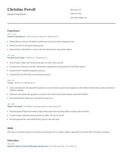 Summer Camp Director Resume