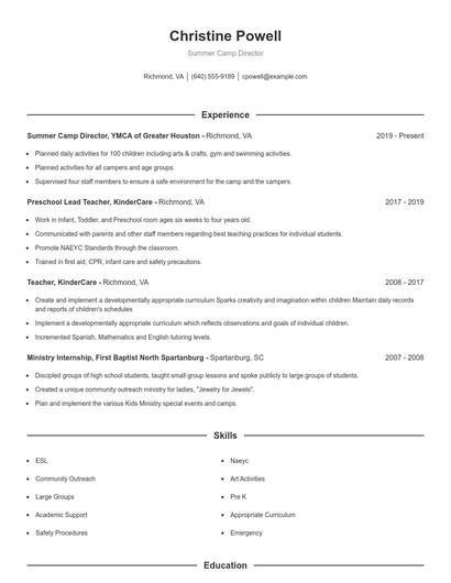 Summer Camp Director Resume