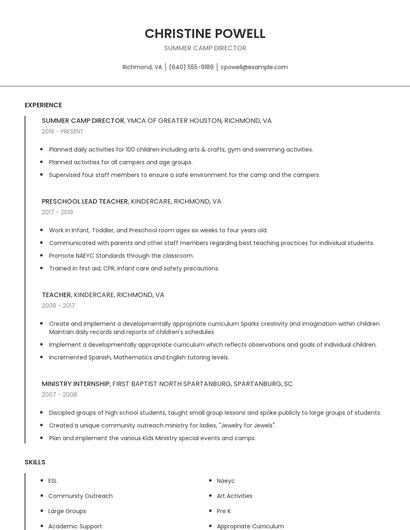 Summer Camp Director Resume
