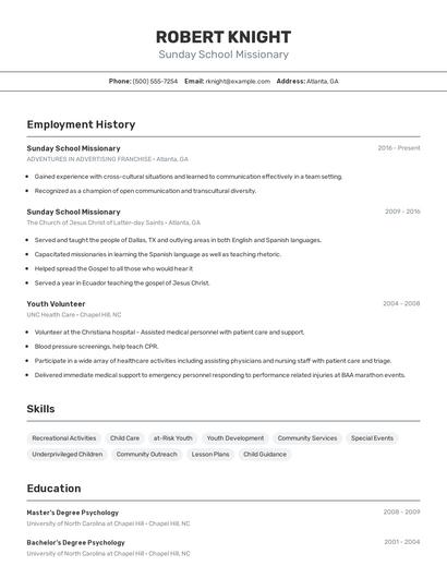 Sunday School Missionary Resume