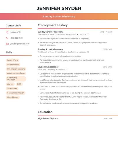 Sunday School Missionary Resume