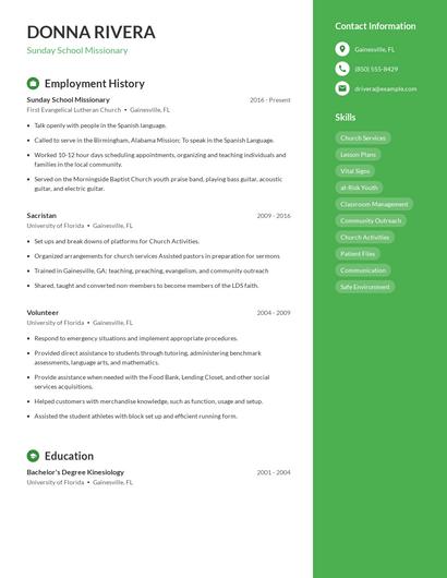 Sunday School Missionary Resume