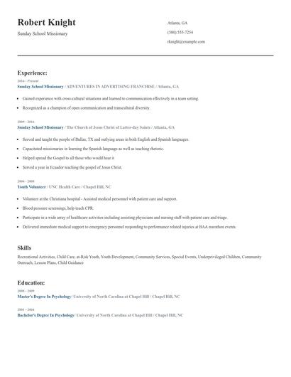 Sunday School Missionary Resume