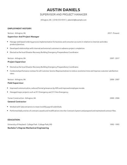 Supervisor And Project Manager Resume
